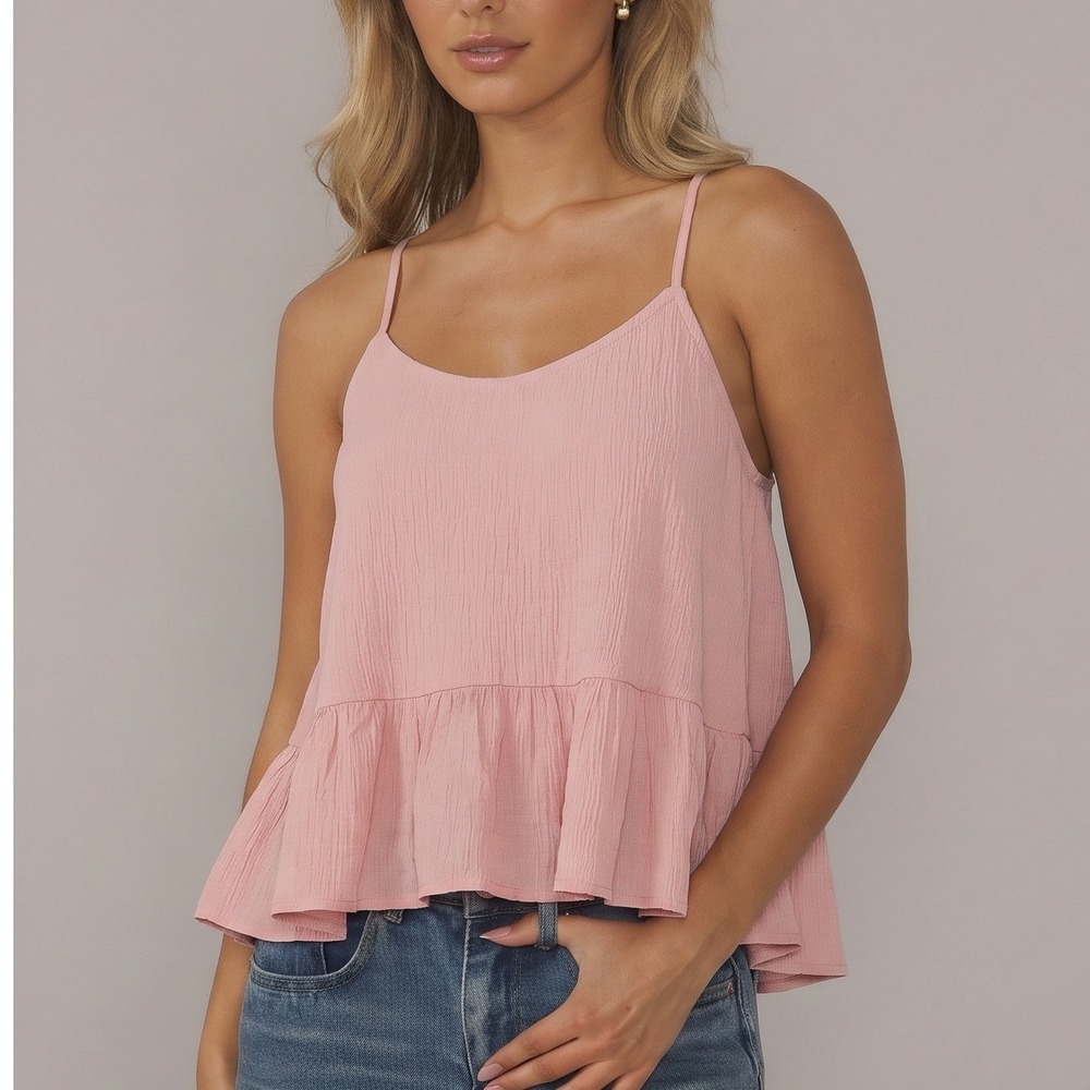 Maisie NWT Romantic Fairycore Textured Summer Peplum Blush Pink Tank Large